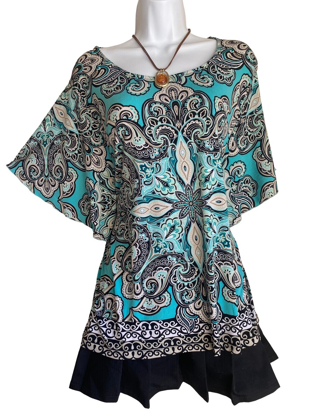 Vintage JM Collection Plus XL Teal Black Paisley Bell Sleeve Tunic Blouse Boho